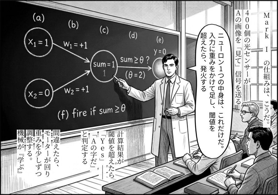 Cornell の教室で Rosenblatt が黒板に描いた単層パーセプトロン (Scene 2 第 5 ページ — Tech Nugget)