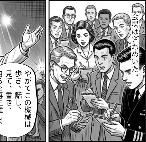 Rosenblatt 「やがてこの機械は、歩き、話し、見て、書き、自らを再生産し、自分が存在することを意識するようになる」(Scene 2 第 4 ページ、1958 NYT 名言)
